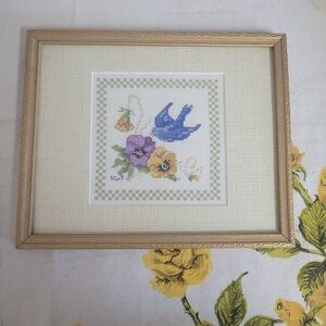 Blue Bird and Pansy Cross-stitch framed matted and under glass ready to hang
